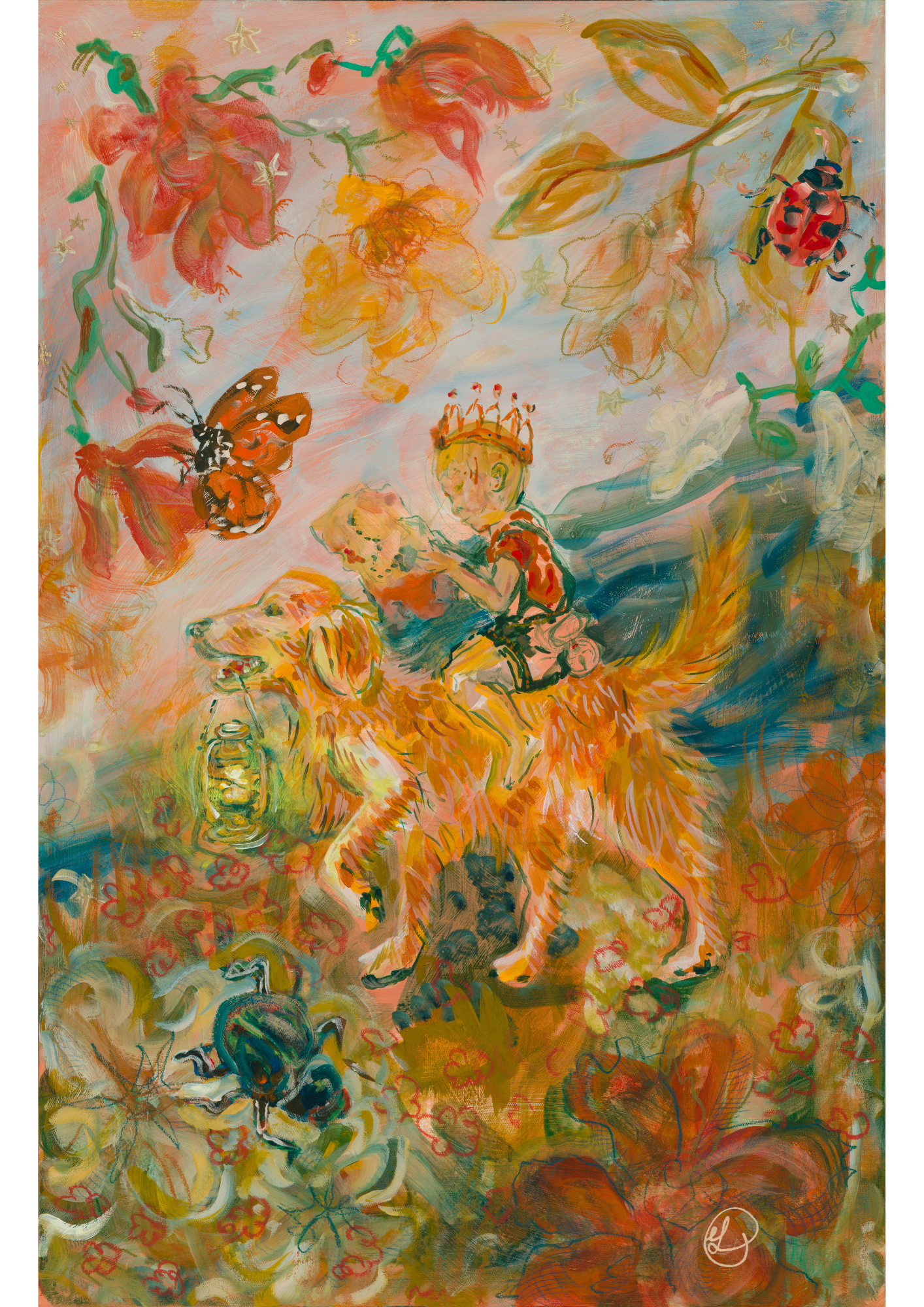 The Sun and the Great Yellow Dog Original Painting (Golden Retriever and Child Explorer)