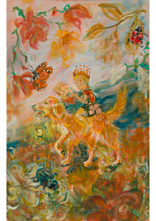 The Sun and the Great Yellow Dog Original Painting (Golden Retriever and Child Explorer)